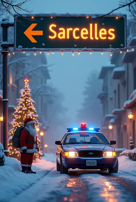 Un décor enneigé avec des illuminations et une voiture de police, avec un très grand panneau  indicateur « POLICE - SARCELLES», un sapin de noel et un pere noel 
