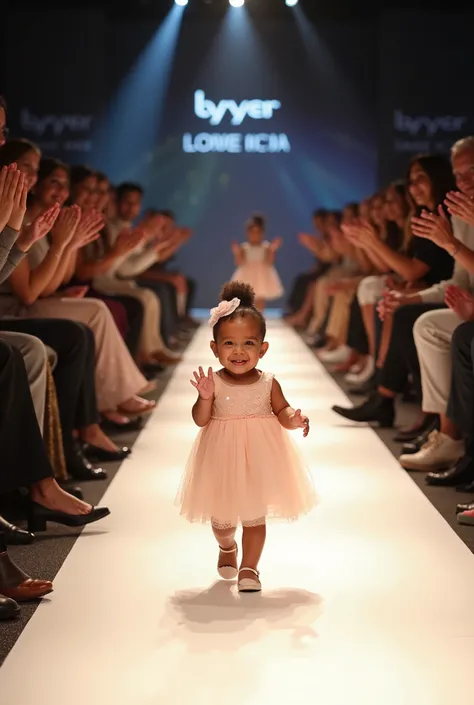 
“A cute, elegant 1. girl walks confidently down a stylish runway. She wears a beautiful, fashionable outfit—perhaps a pastel dress with delicate details. The audience, seated on both sides of the runway, claps enthusiastically, with some raising their han...