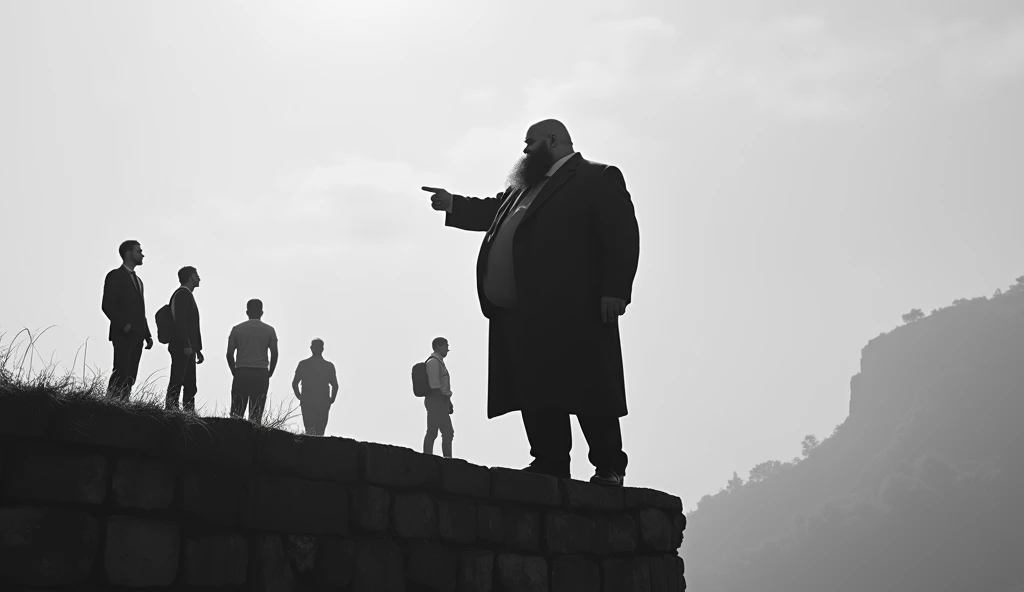  Create a black and white surreal photo . Strong back shadow of rich big fat man , hard belly ,  bald head with black beard wearing long suit standing on wall high looking down.  His finger pointed at the people standing below. 