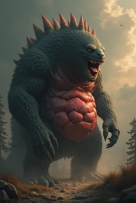 Could you create an image about vore of someone being inside the stomach of a monster? Probably by making the monster have a massive bulging stomach to show that there is likely someone inside his stomach.