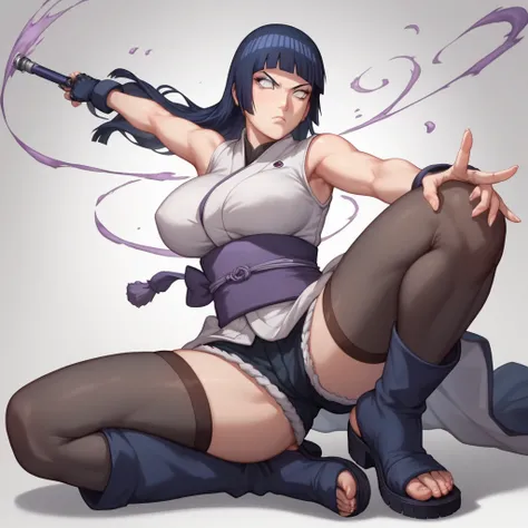 Masterpiece, High Resolution, Anatomically Correct, Best Quality, Super Detailed, Textured Skin, Unreal Engine, Hinata Hyuga (NARUTO), Hime Cut, Dark Blue Hair, Large breasts, White Eyes, slender girl of fair-complexion, Full Body, Image Fill, form-fitting...