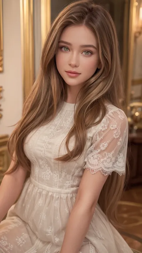 Ukrainian Girls, The ， high quality perfect face ,  Green Eyes , Small lips , Smile,  long brown cream hair ， and very long brown cream hair , lace dress, Round "Big O  ",  perfect figure , 3D model rendering style