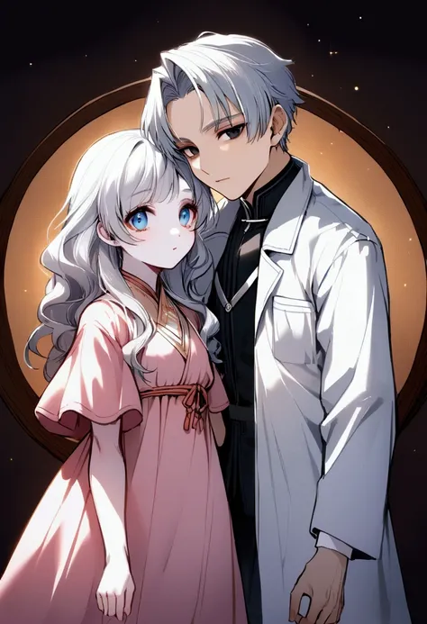 Make a silver-haired doctor, around 20 years old, with pale skin and blue eyes, of Chinese descent, standing beside a tanned-skinned girl with black eyes and black wavy hair, wearing a cute pink dress