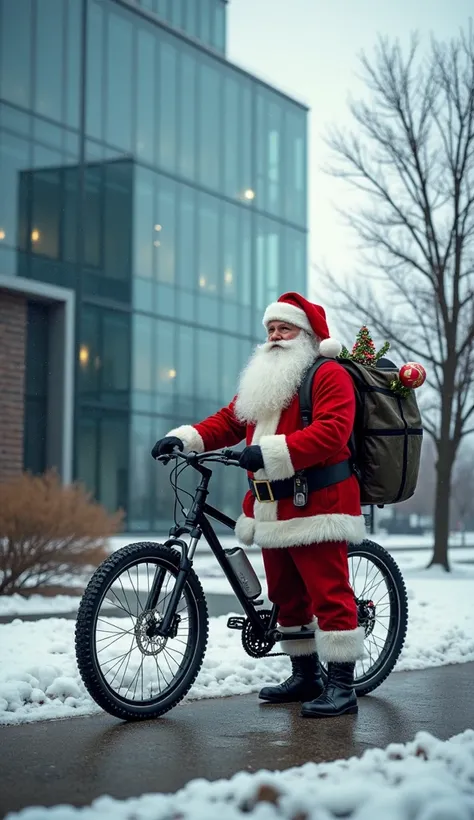 santa stops cycle infront of a IT company