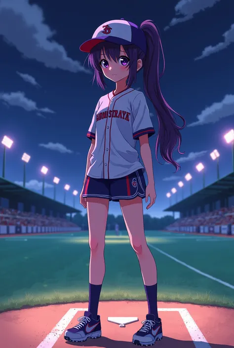 Japanese animation style、High school girl、Baseball uniform 、 Baseball Cap 、driving range、Dark Purple Long Hair、single ponytail、 purple pupils