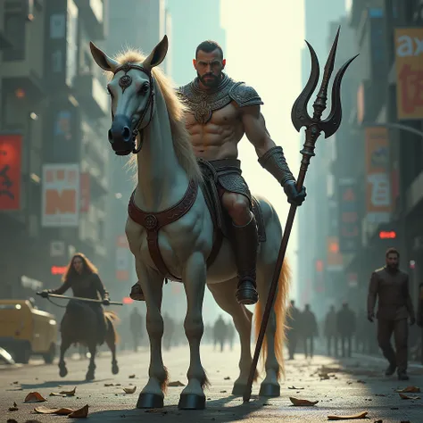 centaur in future city,facing camer,The centaur, embodying a powerful warrior , features a muscular human upper body and a strong horse lower body, holding an intricately designed staff. Gritty,cinimatic shot, realistic, 4K, bright color,make it short and ...