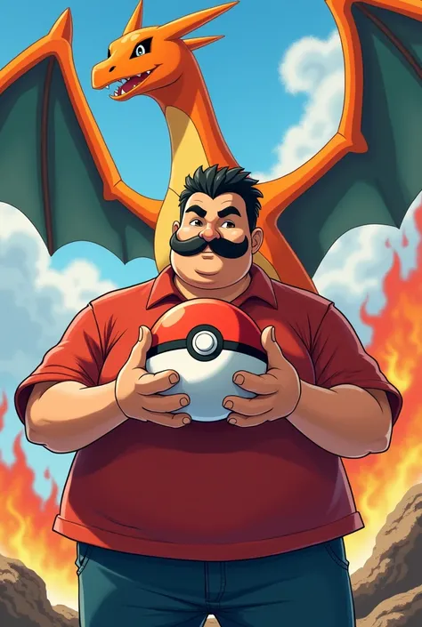 Tu peux me créer une carte pokemon avec un personnage qui tiens une pokeball et un dracaufeu derrière lui.
Pour le personnage peut tu le faire un peu dodu, avec un petit moustache et une barbichette et des cheveux court noir