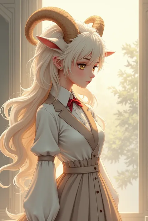 The female light brown sheep In the Beastars universe anime animal head human body emanates a serene and ethereal beauty. With a slender frame and pristine white fur, she exudes grace and purity. Wearing the Cherryton Academy girls uniform, she combines so...