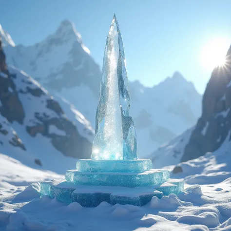 A Shivling formed from ice, glistening in the sun, situated in a snowy Himalayan landscape with majestic peaks in the background.