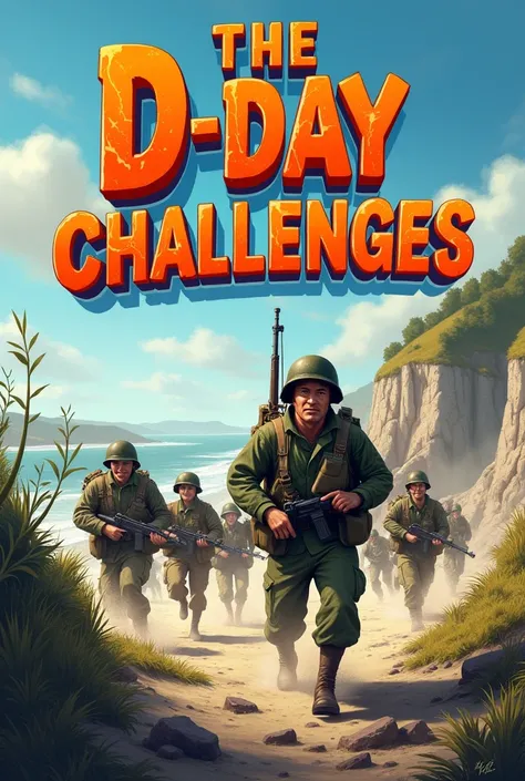 1. Title at the top  :
Police : Choisissez une police joyeuse, dynamique et colorée pour le titre " The D-Day Challenges ". Vous pouvez utiliser des polices arrondies, comme Lobster ou Baloo,  which are very festive.