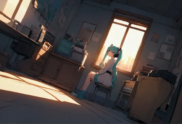 ((Best Quality)), (masterpiece), wide-angle view of a cozy, bright room during golden hour. Hatsune Miku sits by the window, wearing headphones, with teal twin tails and a serene expression. Warm sunlight streams through the window, casting a soft glow ove...