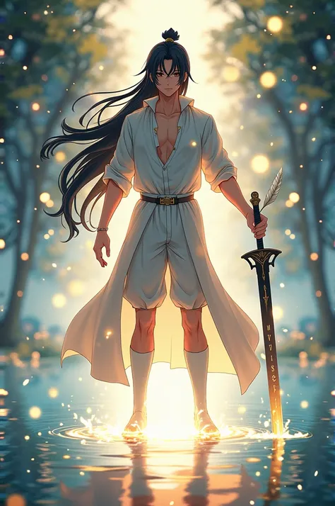  Make me a male Anime character :
 brown eye color ,  long black hair tied up . 
 White collared costume .
 The scene is a lake ,  looming around him. socks and 1 quill.
 In his hand he is holding a sword with the inscription  "Sword ".
 His body glows wit...