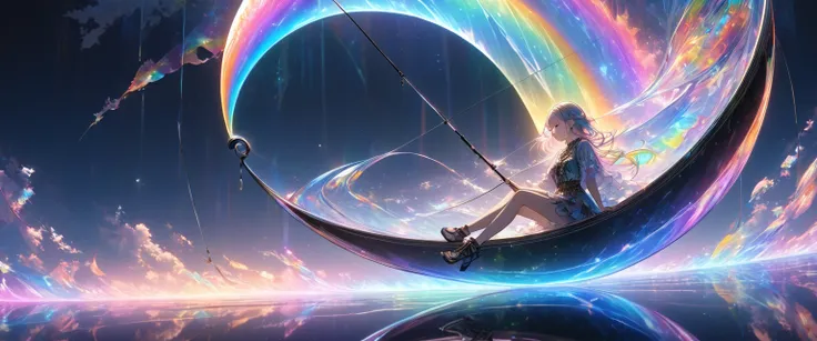 Attractive fishing girl sitting on a crescent moon, 1 person, A very thin line is hung straight down from a fishing pole, Aesthetic Earth attached to the top, Transparent and aesthetic internal illumination, Artistic Design, Dark pop fantasy, Crystal Coati...