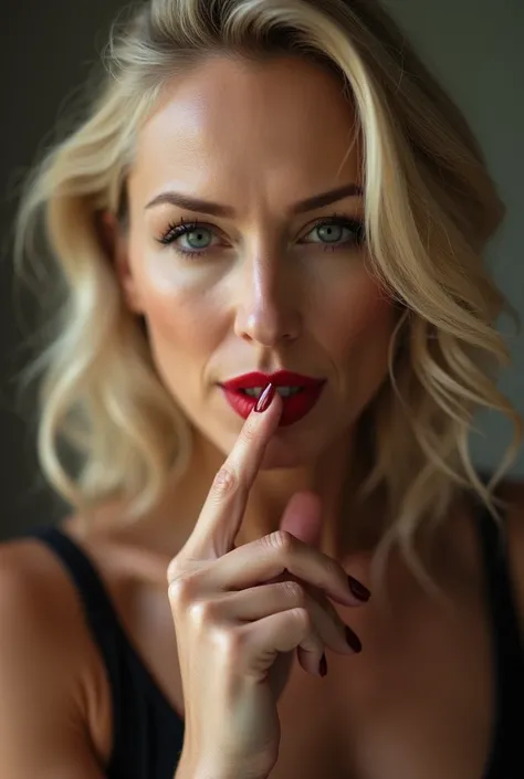 A beautiful older mature blonde woman sucking her finger, realistic, realistic hand, red nails. Elegant gorgeous woman 60 years older, have a finger in mouth and sucking. Makeup and lipstick. Realistic photo, realistic skin, realistic details. Sucking her ...