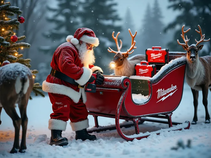 A wintery Christmas scene featuring Santa Claus repairing his red Milwaukee-branded sleigh with a Milwaukee M18 power tool, while reindeer wait patiently nearby. The sleigh is loaded with Milwaukee toolboxes and a beautifully decorated Christmas tree adorn...