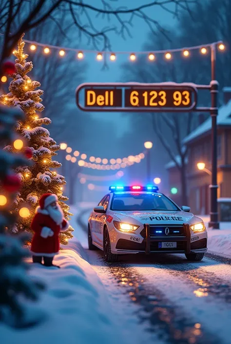 Un décor enneigé avec des illuminations et une voiture de POLICE avec sur le capot marqué « POLICE », avec un très grand panneau  indicateur «SEINE SAINT DENIS 93», un sapin de noel et un pere noel 
