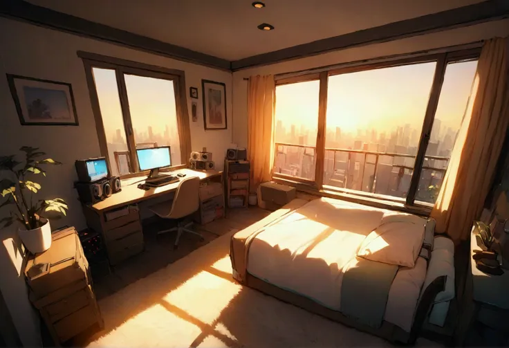 ((Best Quality)), (masterpiece), wide-angle view of a cozy, bright room during golden hour. Hatsune Miku sits by the window, wearing headphones, with teal twin tails and a serene expression. Warm sunlight streams through the window, casting a soft glow ove...