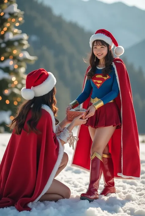  Live Action  、  Two people, Supergirl and Wonder Woman, are standing 。   glamorous、cute  、smileをふりまいている日本人 、    Wonder Woman is standing on the ground        。    Wonder Woman is wearing a red cape   、    Wonder Woman is standing on top    、  live-action ...