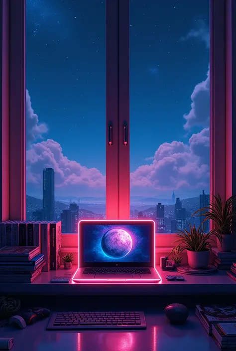 PlayStation with video games in the middle,  two windows up with the night sky, on the right a table  