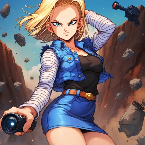 score_9, score_8_up, score_8, medium breasts, (curvy), cute, eyelashes,    zzAndroid18, blue eyes, blonde hair, short hair, jacket, denim, denim jacket, jewelry, earrings, long sleeves, shirt, skirt, belt, stripes,  smile, looking at viewer,   serious expr...