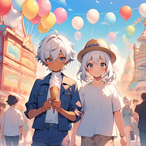 A romantic scene in an amusement park featuring two male characters on a date. The taller one is approximately 188 cm tall, with short white hair parted slightly to the left, tanned skin, silver eyes, and a serious expression. He is dressed casually and we...