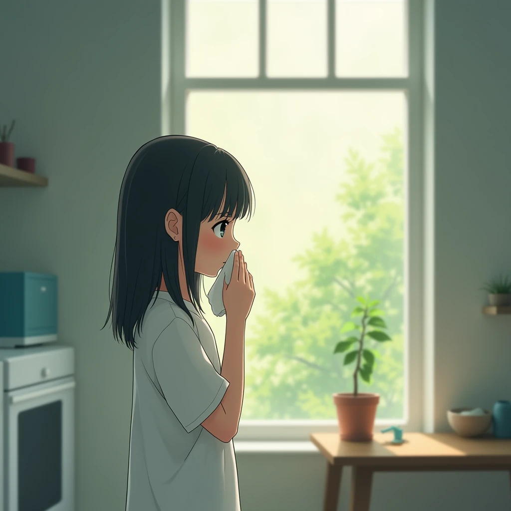 A young girl with straight black hair stands by a large window, holding a tissue to her nose. She is wearing a plain white shirt, and her thoughtful gaze is directed outside, where greenery is visible through the bright and softly blurred background. The r...