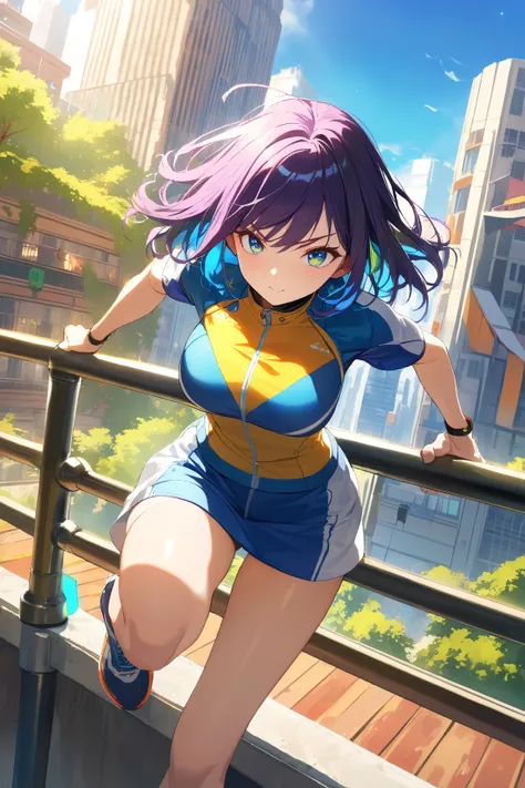  girl, (cute face), , (medium length hair:1.2), (determined gaze), large breasts, slim, (wearing futuristic sport outfit), knee-length skirt, (action pose), BREAK  
Urban jungle, tall buildings, (vaulting over railing:1.4), (dynamic background:1.2), sunny ...