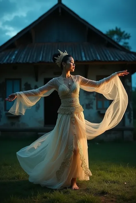 Wide view photography ,  a beautiful Indonesian girl wearing transparent traditional clothes,  featuring a mystical traditional dance , old house background with mystical aura at night 