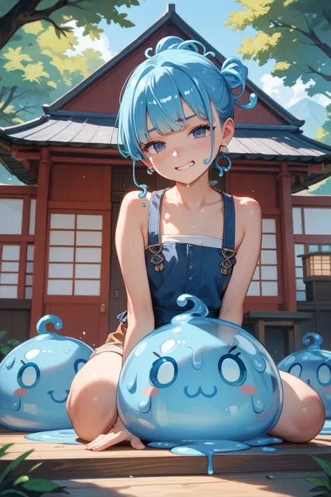 An irritated teenager in a painters outfit sleeps on a shiny blue slime monster in a Japanese wooden house. Anime.  