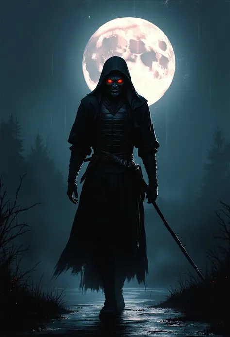  Ghost samurai walking under the full moon, dark armor,  red eyes bioluminescence ,Solo painting , ., 90s anime, evil smile, insane,  refer to:  Pietro Annigoni , Zislaw Beksinski, caravaggio, Anas daughter , gigante, Jean-Baptiste Monge,  Luis Ricardo Fal...