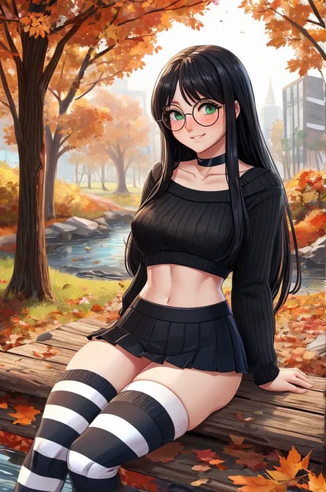 solo, (woman), ((((human)))) ((full body)), (fit body), (medium breasts), long hair, black hair, straight hair, ponytail, green eyes, ((round glasses)), ((round eyewear)), ((blushing)), ((smiling)), ((mouth open)), (bracelets), ((choker), ((miniskirt)), ((...