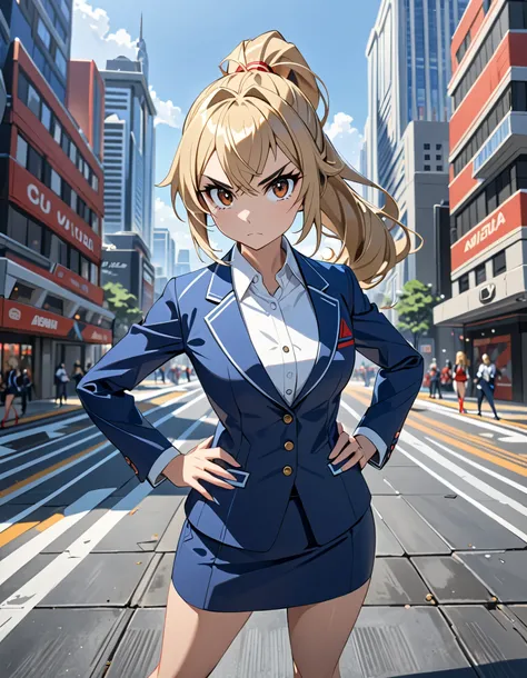 (masterpiece), (best quality), (high res), highly detailed, professional, 1girl, (solo, solo focus), wonder, anime style, serious, v-shaped eyebrows, perfect hands, complete fingers, (blue skirt suit, white collared shirt, pencil skirt, miniskirt), bare le...