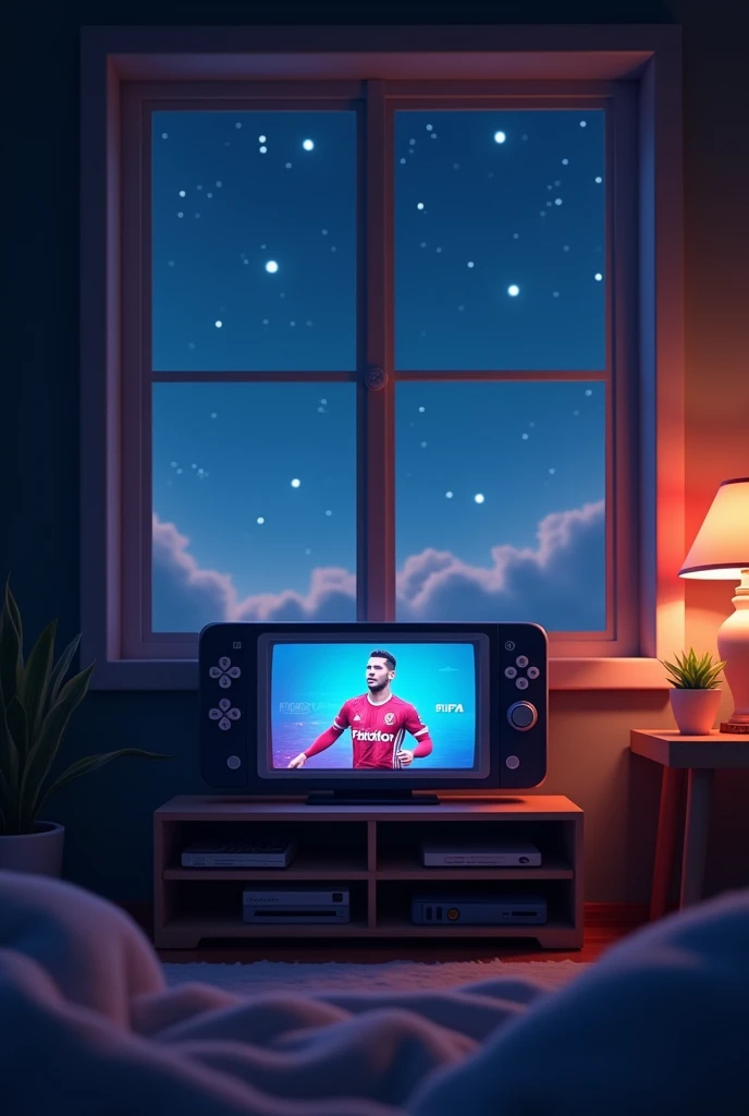 PlayStation with FIFA in the middle,  two windows up with the night sky, on the right a table , Below the PlayStation an empty space 