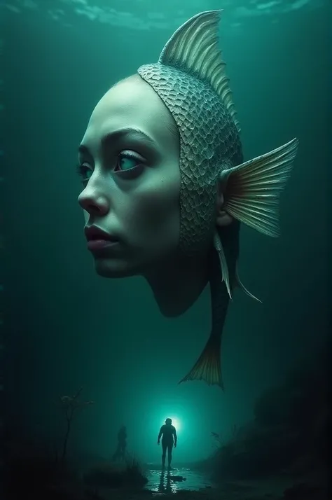 
A surreal and shocking depiction of a fish with a face that is half-human and half-fish. The human side of the face includes one realistic eye, part of a nose, and lips, while the other half is distinctly fish-like with scales, a gill, and a fin extending...