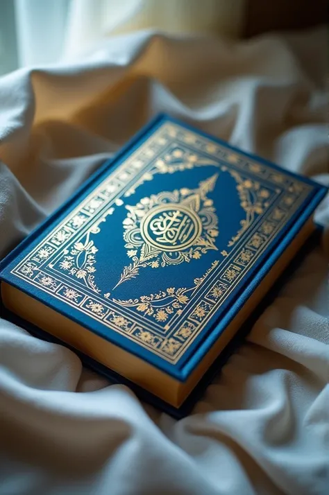 A closed blue Koran with flowers