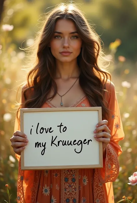  Beautiful girl with long wavy hair, bohemian dress,  holding a white board with the text "I Love to my Krueger"  and showing it to the spectator