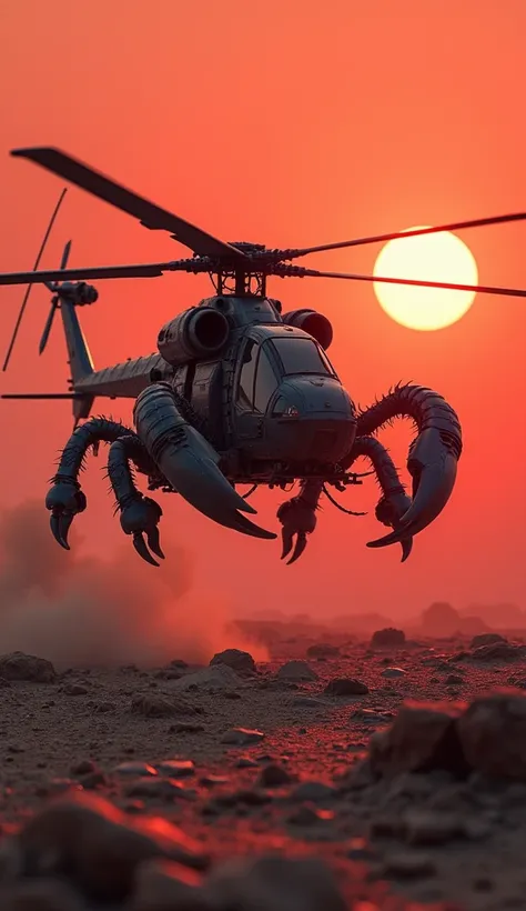 A deadly hybrid of a scorpion and an attack helicopter stalking across a rocky desert. The creature has the segmented body and pincers of a scorpion, fused with the rotors and weaponry of a helicopter. Its tail is a long, flexible rotor blade tipped with a...