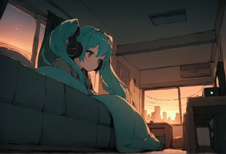 ((Best Quality)), (masterpiece), wide-angle view of a cozy, ordinary room at dusk. Hatsune Miku sits by the window, wearing headphones, with teal twin tails and a calm expression. The room features simple furniture, a few audio devices, and soft city light...