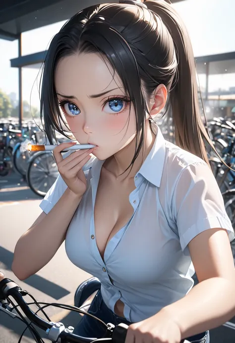 RAWphoto,photorealistic,8k16k,best quality,perfect anatomy,perfect detailed,ultra highres, extremely detailed eyes and face,gleaming skin,shiny skin,1girl,Japanese,black long hair,ponytail, antenna hair,parted bangs,forehead,round face,big eyes,dashed eyeb...