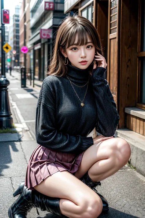 for side,  sit on the ground, stand on both knees,cloth ankle boots,Black, pleated skirt,Check pattern, turtleneck ,White, earrings, Necklaces ,Bracelet, 20 years old Japanese woman, dark pink_compensate, top quality, Masterpiece