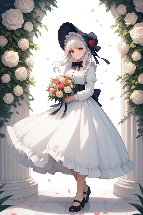 masterpiece, best quality, 1girl, solo, long_hair, looking_at_viewer, white hair, red eyes, smile, bangs, skirt, shirt, long_sleeves, hat, dress, bow, holding, closed_mouth, flower, frills, hair_flower, petals, bouquet, holding_flower, center_frills, bonne...