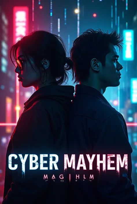 make me a film poster about a hacker that the plot twist is a police too and the film name is cyber mayhem and the this film will come out in January 2025 and make it in a dark theme