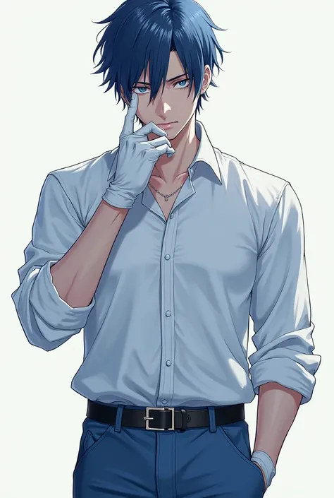 1 man, wetlook comma hair, blue eyes, wearing white glove, wearing plain long white shirt, long blue jeans, absurdres, high res, ultrasharp, 8k, masterpiece, looking at viewer