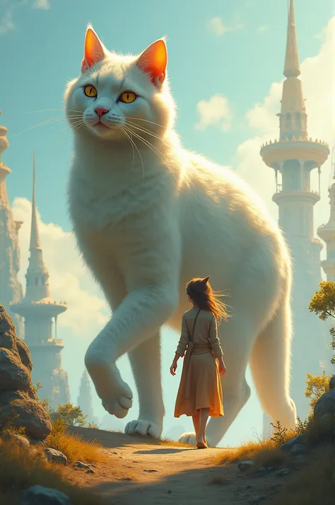 A side-by-side walk with a giant cat background 