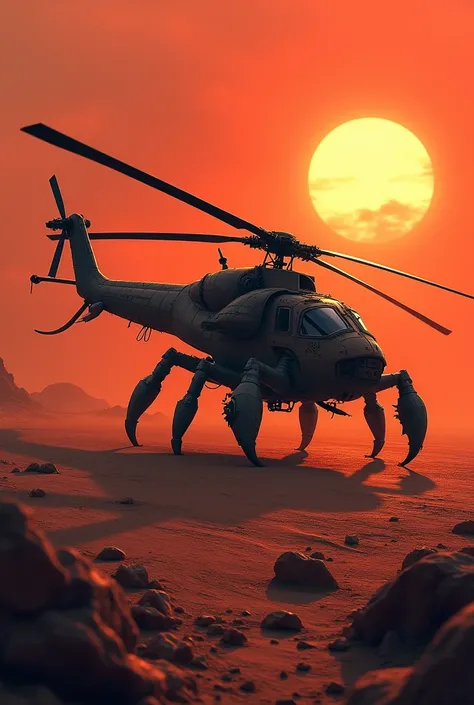 A deadly hybrid of a scorpion and an attack helicopter stalking across a rocky desert. The creature has the segmented body and pincers of a scorpion, fused with the rotors and weaponry of a helicopter. Its tail is a long, flexible rotor blade tipped with a...