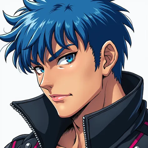 a close up of a person with blue hair and a jacket, a character portrait by senior character artist, featured on pixiv, shin hanga, muscular character, character from king of fighters, joe biden as a jojo character, muscular! cyberpunk, fighting game chara...