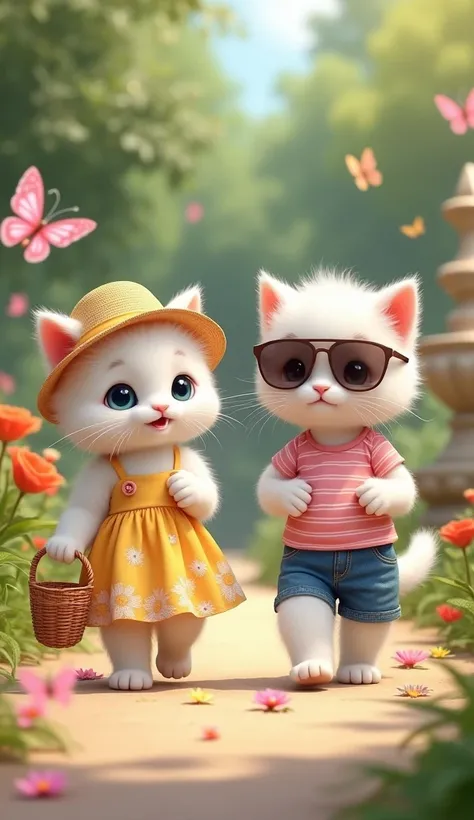 Casual Summer Walk
Two adorable white baby cats walking upright, side by side, along a sunny garden path.

Cat 1: Wears a yellow floral dress with a matching sunhat, holding a small wicker basket in one paw.
Cat 2: Wears denim shorts, a striped pink t-shir...