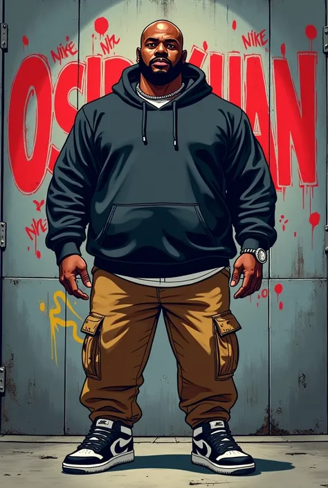 Black rapper 90 kg 1.70 tall bald, black & white beard with black hair and mustache black hoodie and graffiti that says OsirisKhan baggy brown pants with Nike sneakers cartoon