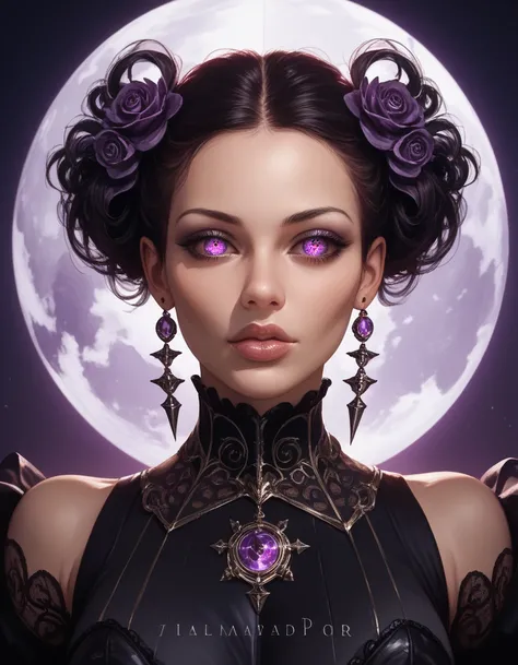 a dark evil necromancer woman, detailed portrait, dramatic lighting, intricate details, beautiful detailed eyes, beautiful detailed lips, extremely detailed face, dark and moody, dramatic shadows, deep purple and black color scheme, dark magic, gothic, cin...