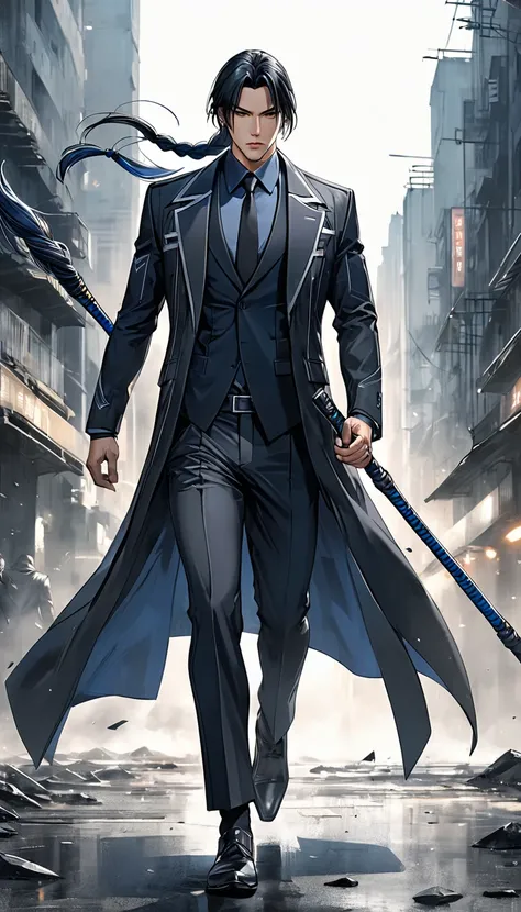 Neo-noir futuristic art style, full body view, semi-realistic anime-style of a man ((running)) forward with one hand holding bo staff behind him, aged 28, ninja-run, with long, sleek black hair styled in a long single braid that falls down behind him. His ...